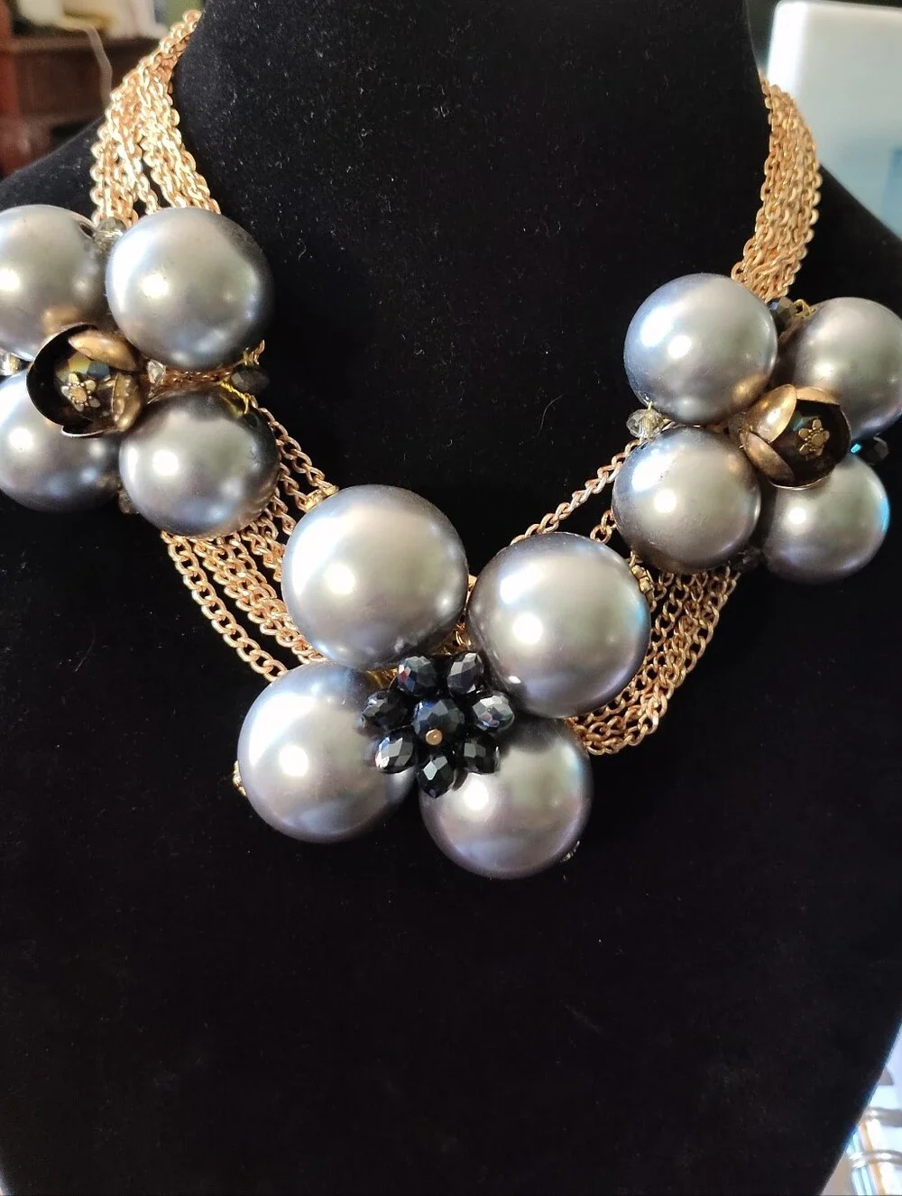 Gold Multi-Strand Necklace with Silver Pearl Cluster Flowers